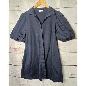 CIVICO 51 Womens Shirt Dress Size L Navy Blue Puff Sleeve Button Down Collared